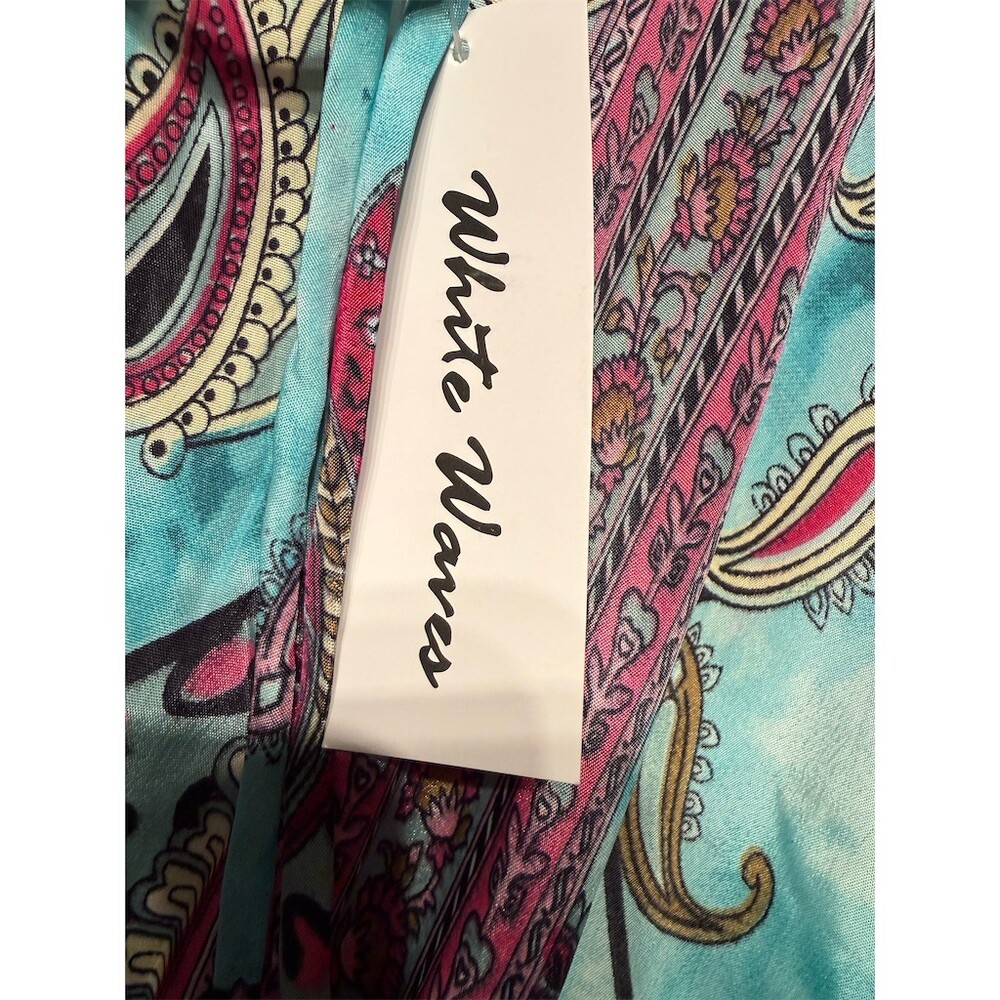 White Waves Maxi Dress Womens L Blue Pink Paisley Boho V-Neck Tie Back - Picture 5 of 5